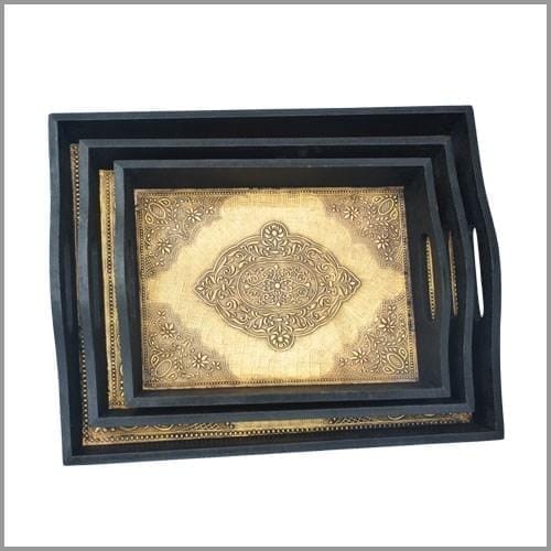 Set Of Brass And Wooden Serving Trays WCM481ATa