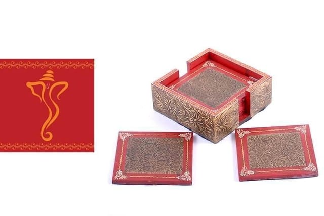 Diwali gift Hamper: Painted & Brass Sheet Work Wooden Coaster, Greeting Card dh8a