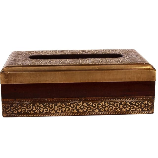 Wooden Tissue Box Napkin Holder with Brass Sheet in Antique Finish (10261)