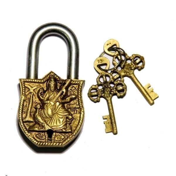 Handmade Brass Antique Lock with Saraswati Idol (10008)