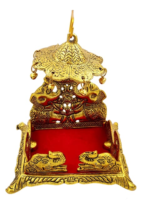 Metal Singhasan Gold Throne Chowki With Velvet Seat And Canopy Chatra: Platform Plinth For Temple Idols (11838A)