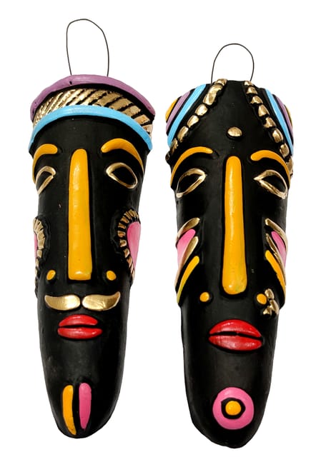 Terracotta Clay Tribal Face Wall Hanging: Set Of 2 Colorful Masks For Decoration, 7 Inches (12706C)