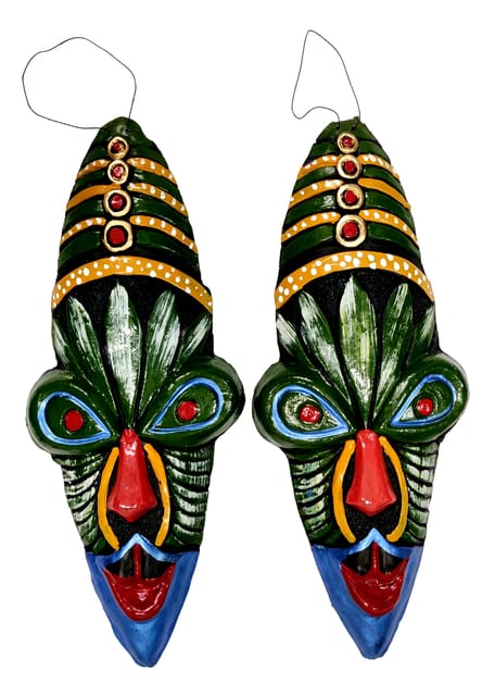 Terracotta Clay Tribal Face Wall Hanging: Set Of 2 Colorful Masks For Decoration, 12 Inches, Medium (12706F)