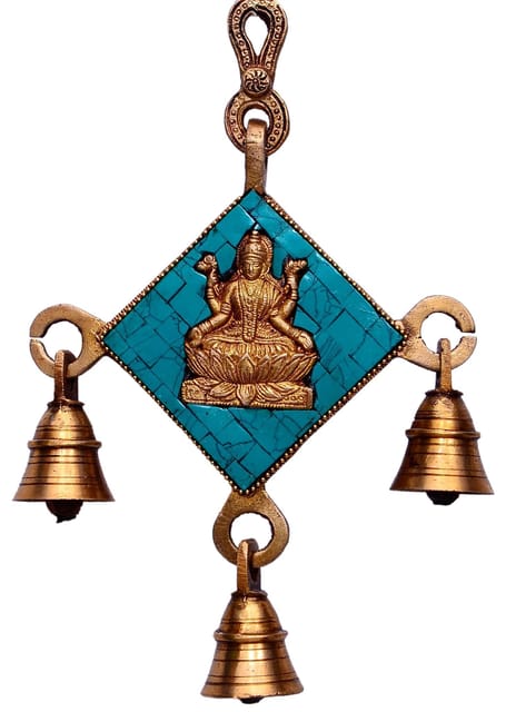 Hindu Religious Wall Hanging of Goddess Lakshmi (Laxmi) in Solid Brass Metal with Turquoise Gem-stone Work and Three Bells (10361)