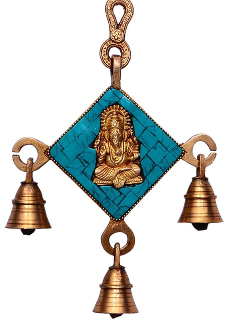 Hindu Religious God Wall Hanging of Lord Ganesha (Ganapathi or Vinayaka) in Solid Brass Metal with Turquoise Gem-stone Work (10360)