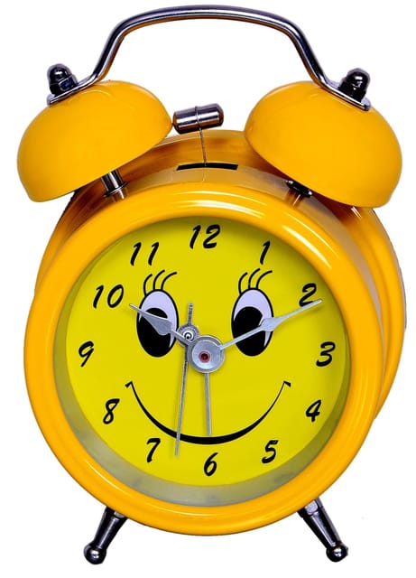 Children's Table Alarm Clock with Ringing Bell: Smiley, Yellow Color (10341)