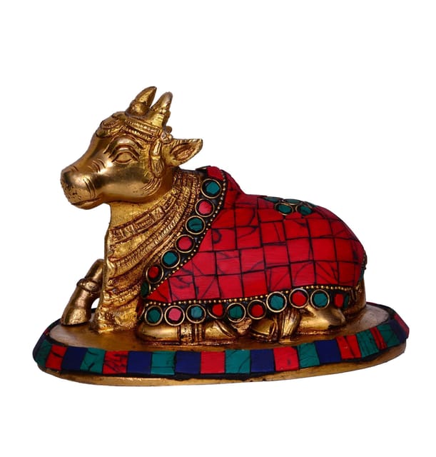 Shiv Parvati Vehicle Seated Nandi Bull Statue in Pure Brass with colored stones (10447)