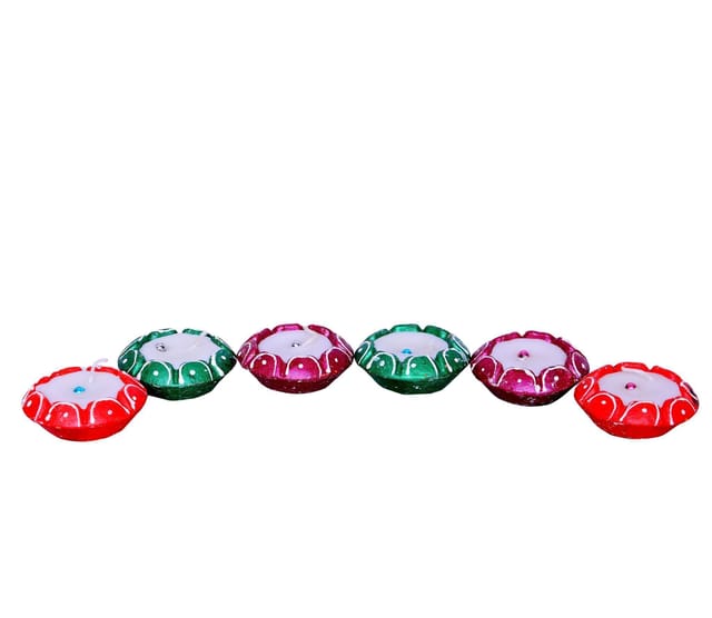 Diwali Diya (Wax Candle) In Traditional Indian Shape and Bright Colors: Pack of 6 (10443)