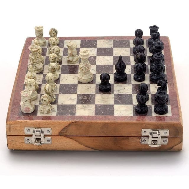 Chess Set with Stone Sculpted Pieces and Marble Finish Board (10205)