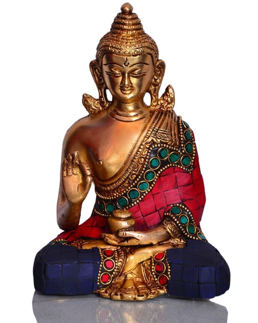 God Statue of Lord Buddha in Solid Brass Metal with Turquoise Gem-stone Work (10512)