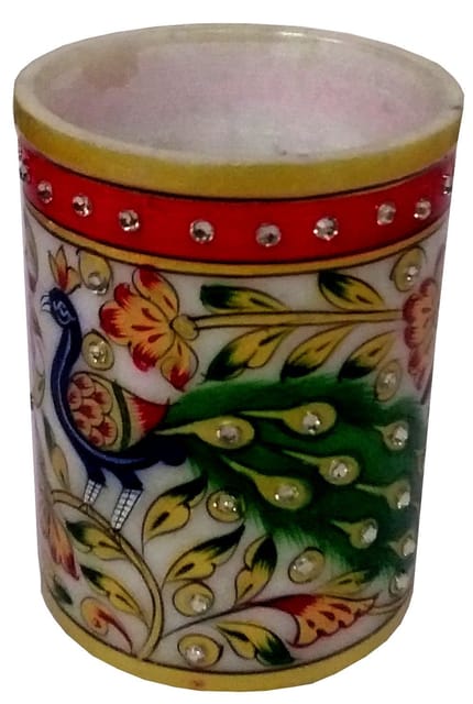 Marble Pen Holder/ Stationery holder, Tooth brush holder with handpainted peacock designs (10563)