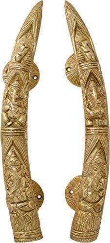 Door Handles in Pure Brass for Main Door, Tiger Tusks with Ganesh Ganpati design Fully Functional Decorative Tuskers Brass Door Handles                         (10810)