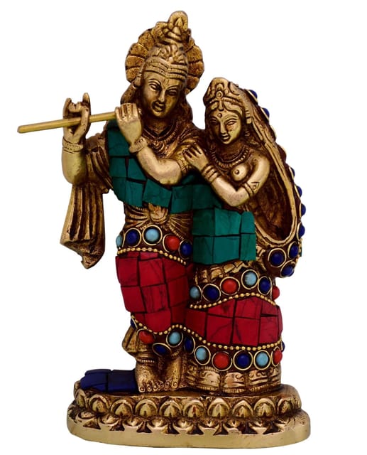 Radha-Krishna Brass Metal Statue Idol With Gemstones For Home Temple, Office Table or Shop Mandir Puja Shelf | Hindu Religious Gift (10741)