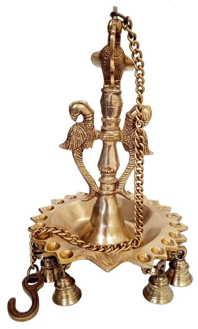 Brass 21 Hanging Diyas-Bells In Twin Peacock Design: Solid Brass Metal Heavy Lamp (10720)