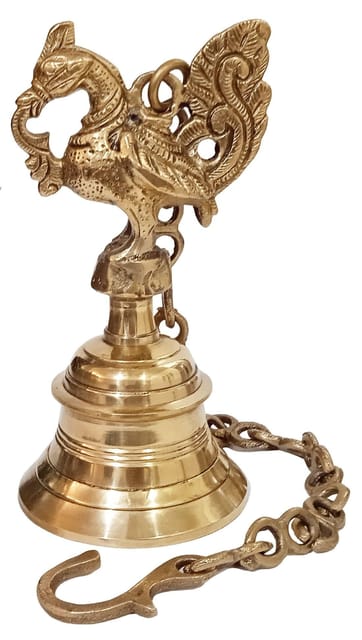 Brass Temple Hanging Bell In Peacock Design: Decorative Bell With Deep Sound (10719)