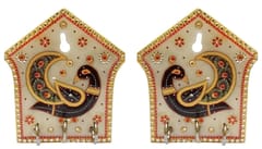 Marble Key Hooks 'Dancing Peacocks' (Set of 2): Unique Indian Wall Decor Souvenir (11565)