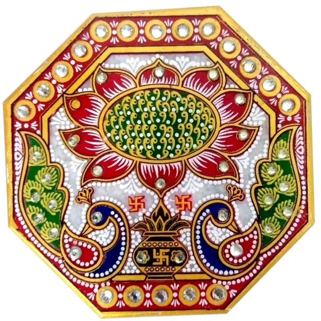 Marble Platform (Plinth): Octagonal Ethnic Handpainted Chowki for God Idols (11892)