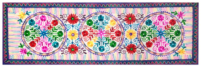 Cotton Tapestry 'Floral Chakras': Vintage Embroidery Table Runner or Wall Hanging (12076)