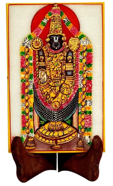 Marble Painting Tirpuathi Venkateswara Balaji: Hand Painted Tile with Gold Work, 6x4 Inches (12092)