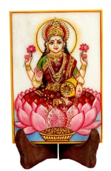 Marble Painting Lakshmi: Hand Painted Tile with Gold Work, 6x4 Inches (12090)