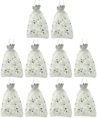 Polyester Net Brocade Gift Pouch, Silver, 9 Inches: Pack of 10 Potli Gift Bags (12081A)