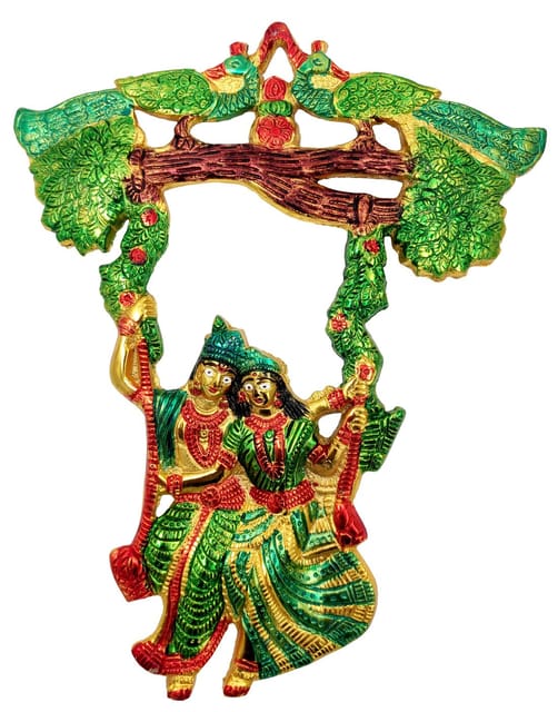 Metal Wall Hanging Radha Krishna on Swing: Colorful Plaque for Home Temple (12185)