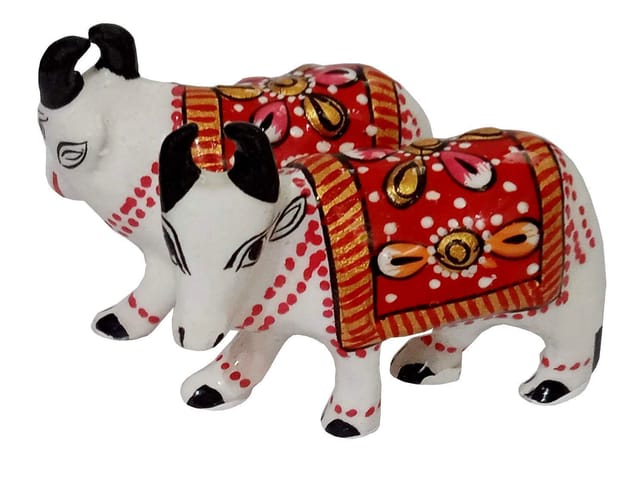 Enamelled Metal Miniature Sideways Cow Pair: Colorful Meenakari Art, Set of 2 Figurines (12291)