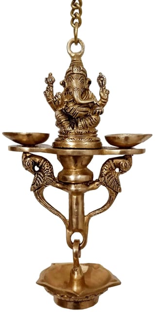 Brass Ganesha Nila Vilakku 7-batti Hanging Diya: Peacocks Design Majestic Oil Lamp Deepak (12253)