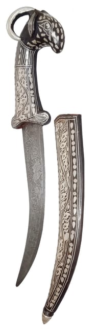 Antique Dagger Knife: Goat Design Hilt, Damascus Iron Blade, & Silver Wire Koftgari Sheath (A20050)