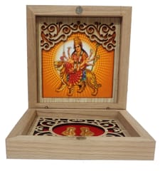 Wooden Gift Box: Sherawali Ma Durga Painting With Golden Feet Paduka (12394B)