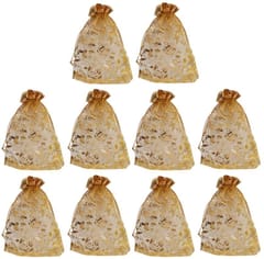 Polyester Net Brocade Gift Pouch, Gold, 7 Inches: Pack of 10 Potli Gift Bags (12080B)