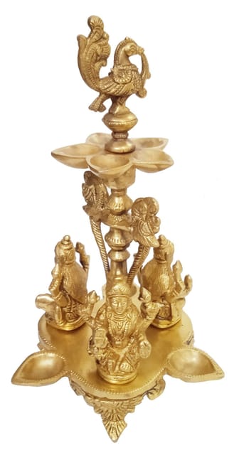 Brass Oil Lamp Kuthu Vilakku: Antique Design Royal Deepam Diya With 3 Lakshmi, Parrots & Peacock (12033B)