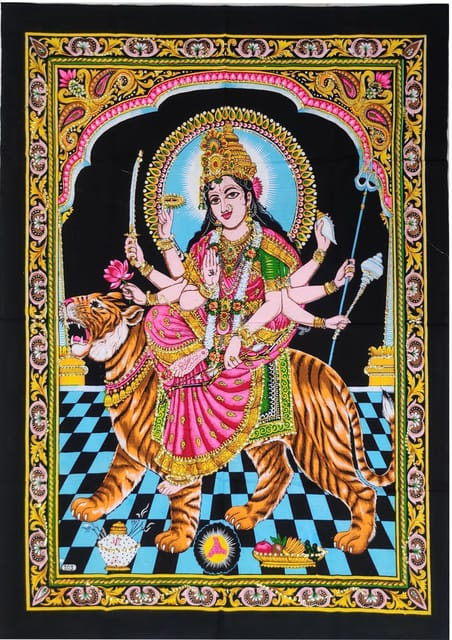 Cotton Wall Poster Sherawali Ma Durga Mata: Spiritual Hanging Unframed Sheet, Multicolor (20084)