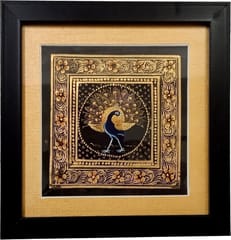 Silk Cloth Painting Golden Pecock: Indian Rajasthani Intricate Artwork Framed For Table Top Or Wall Hanging; Collectible Miniature Art (12477)