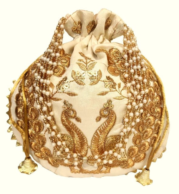 Silk Potli Bag (Clutch, Drawstring Purse): Intricate Gold Thread & Sequin Peacock Embroidery Satchel For Women, Gold Cream (11474A)?