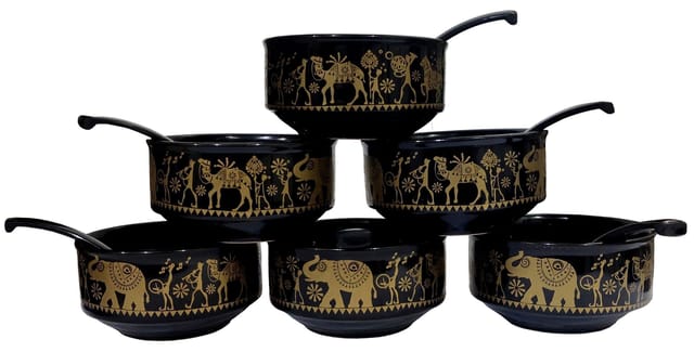 Ceramic Soup Bowl Set 'Festival Procession': Set Of 6 Glazed Finish Bowls With Spoons (12674B)