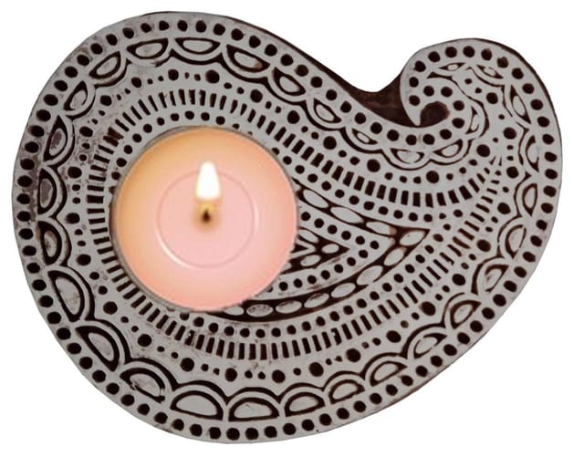 Wooden T Light Candle Holder: Unique Printing Block Rangoli Paisley Ambi Design (12509C)