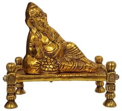 Metal Idol Resting Ganesha: Unique Posture Statue Set On Folk Indian Jute Bed Or Charpoy (12710)