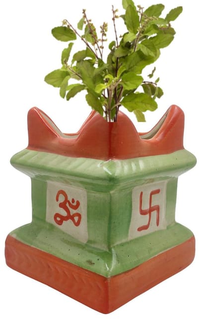 Ceramic Tulsi (Thulasi) Planter Flower Pot: Holy Hindu Plant Vase Indoor Outdoor 5.5 Inches Red Green (12551C)