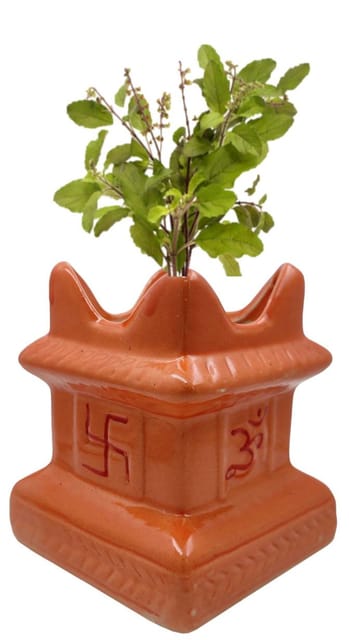 Ceramic Tulsi (Thulasi) Planter Flower Pot: Holy Hindu Plant Vase Indoor Outdoor 5.5 Inches Kesari Orange (12551B)