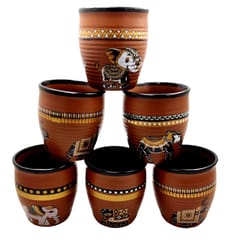 Ceramic Kulhar Cups 'Elephants of India': Set Of 6 Mugs In Mix Design For Tea Coffe Juice, 150ML (12313A)