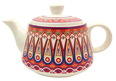 Ceramic Kettle In Rustic Studio Pottery 'Colorful Patterns': Artisan Handmade Wide-Body-Low-Height Glazed Coffee Teapot 850ML (12753C)