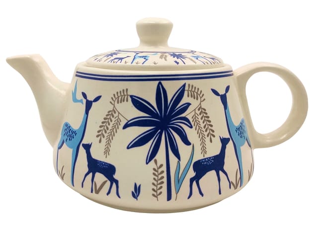 Ceramic Kettle In Rustic Studio Pottery 'Prancing Deer': Artisan Handmade Wide-Body-Low-Height Glazed Coffee Teapot 850ML (12753A)