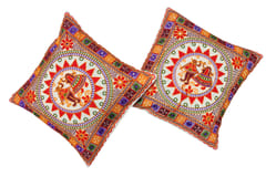 Cotton Throw Pillow Cushion Covers 'Spring Dance': Ethnic Design Embroidery, Set Of 2, 16 Inches (12445Q)