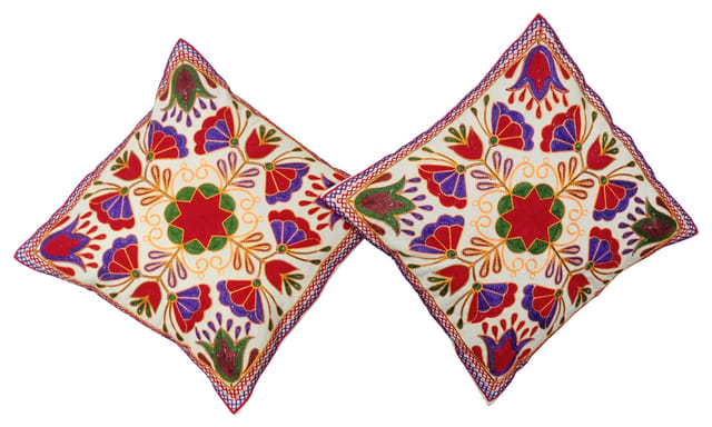 Cotton Throw Pillow Cushion Covers 'Flower Petals': Ethnic Design Embroidery, Set Of 2, 16 Inches (12445R)