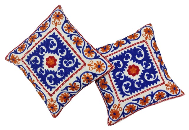 Cotton Throw Pillow Cushion Covers 'Rangoli': Ethnic Design Embroidery, Set Of 2, 16 Inches (12445N)