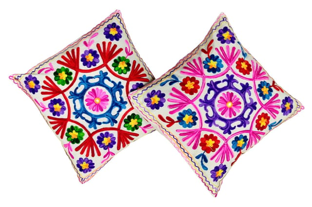 Cotton Throw Pillow Cushion Covers 'Mystic Beauty': Ethnic Design Embroidery, Set Of 2, 16 Inches (12445M)