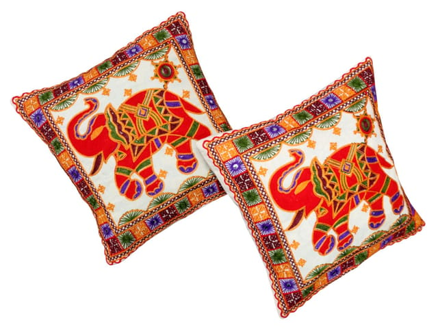 Cotton Throw Pillow Cushion Covers 'Royal Welcome': Ethnic Design Embroidery, Set Of 2, 16 Inches (12445O)