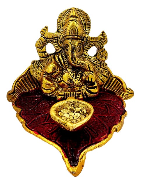 Metal Pooja Plate Ganesha Diya: Decorative Deepak For Home Temple (10174A)