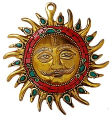 Metal Idol Sun God Sooraj Surya Devta: Wall Hanging Statue With Colorful Stonework (12669B)